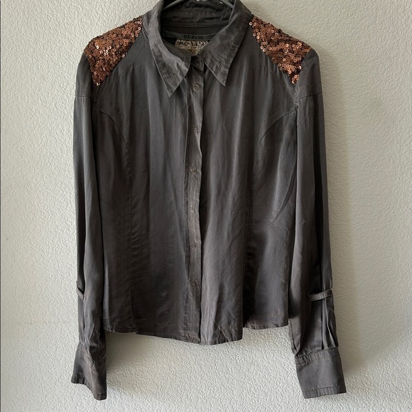 Da-Nang Tops - Da-Nang Silk Blouse with Copper Sequin Shoulders size S